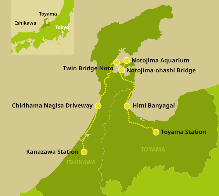 Toyama and Ishikawa road trip map